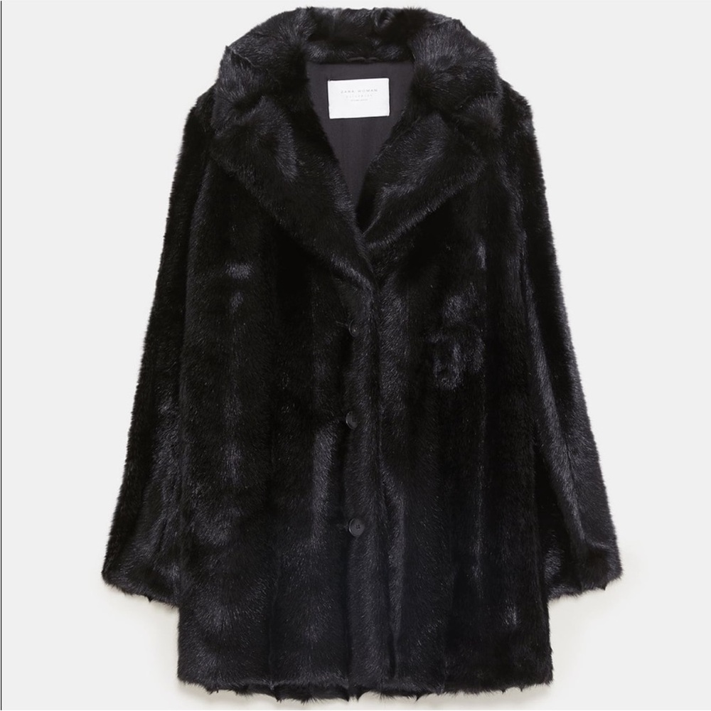 Zara NWT black lapel collar faux fur coat - Picture 2 of 10